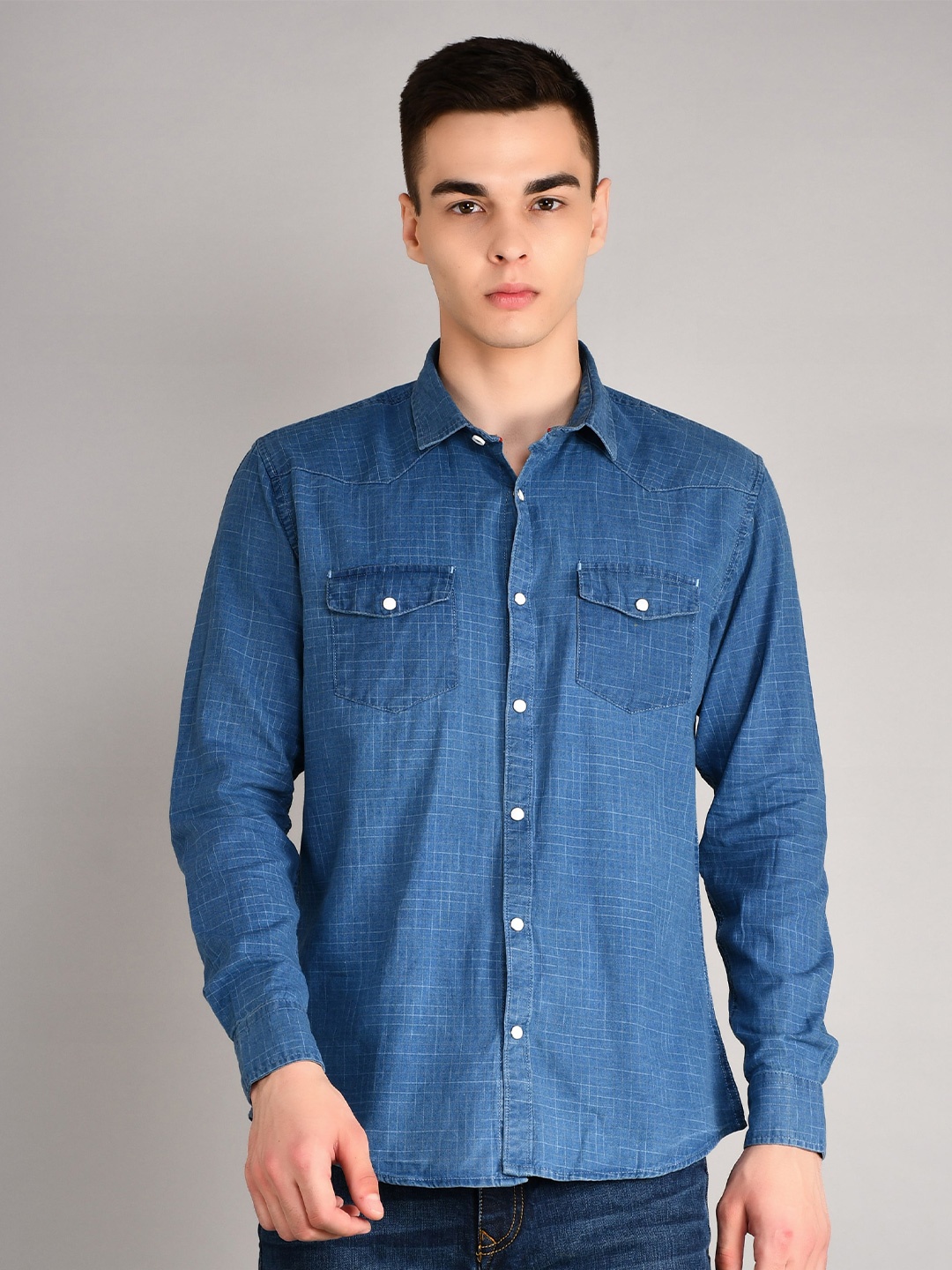 

TIM PARIS Standard Opaque Micro Checked Cotton Casual Shirt, Blue