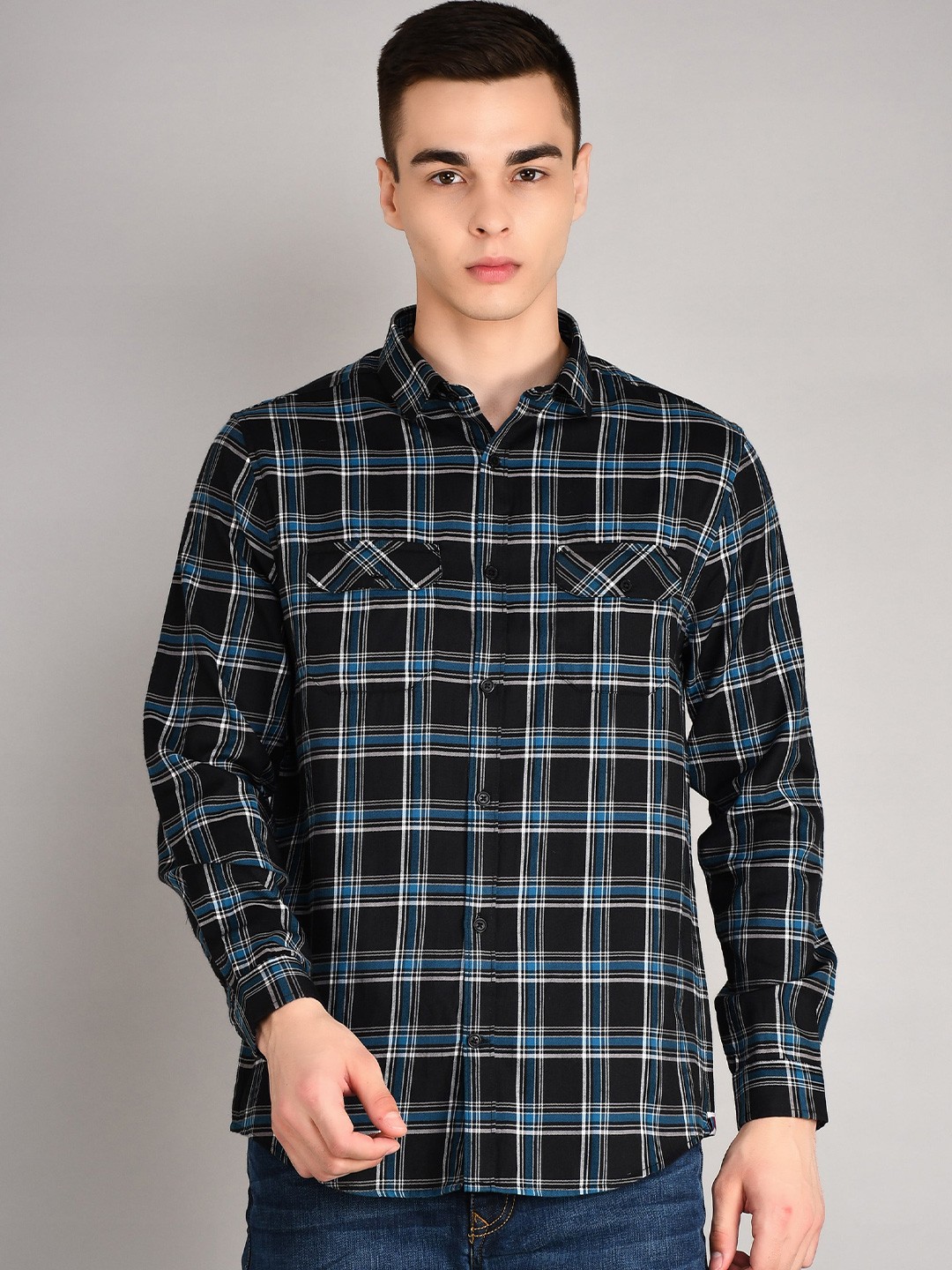 

TIM PARIS Standard Tartan Checked Spread Collar Casual Pure Cotton Shirt, Black