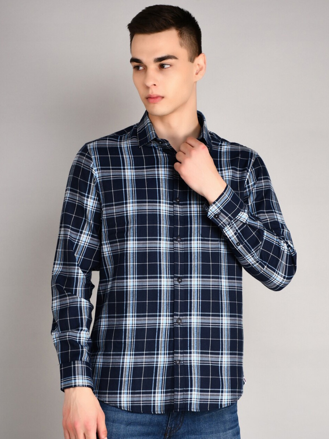

TIM PARIS Standard Tartan Checked Spread Collar Casual Pure Cotton Shirt, Blue
