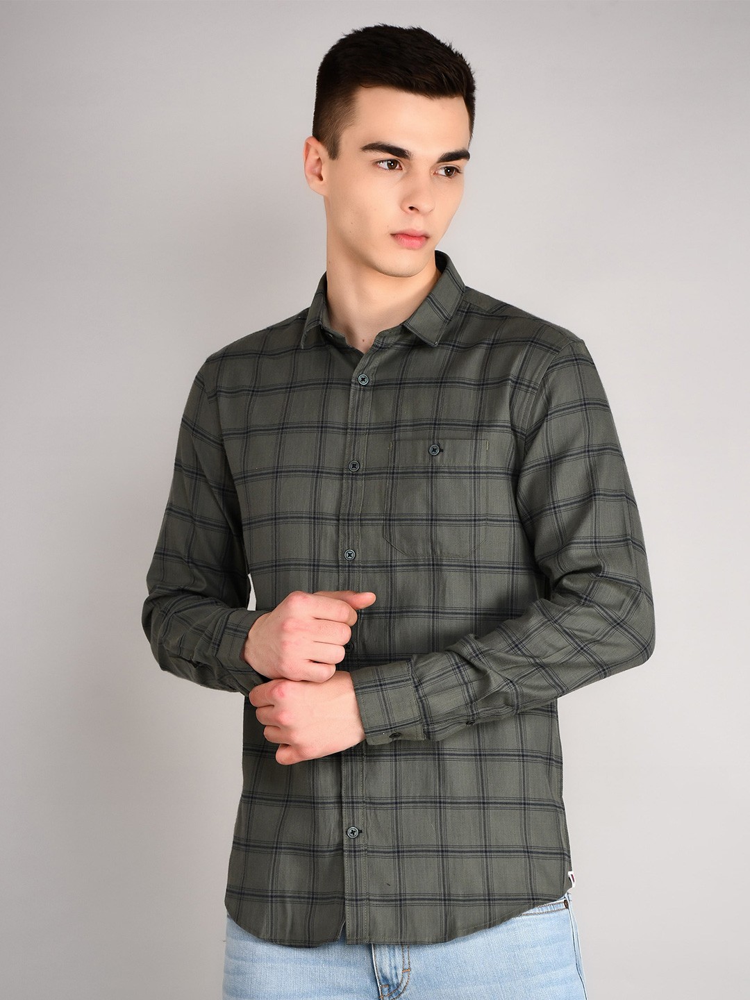 

TIM PARIS Men Checked Standard Cotton Casual Shirt, Olive