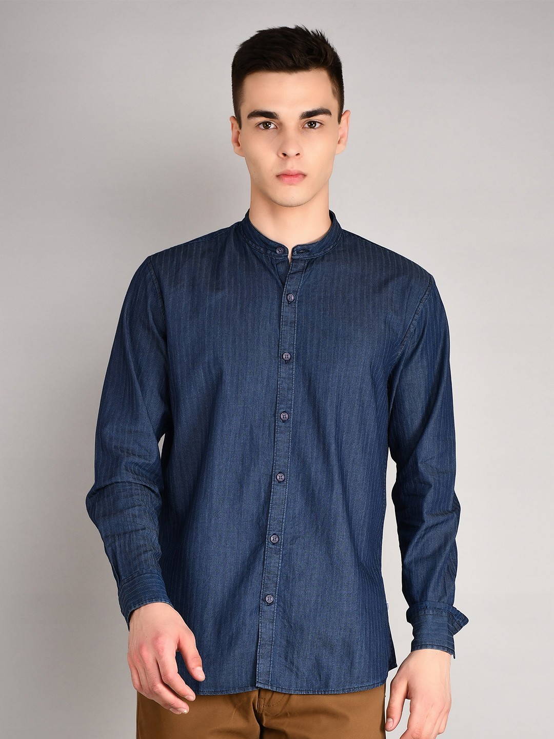 

TIM PARIS Band Collar Standard Striped Casual Pure Cotton Shirt, Blue