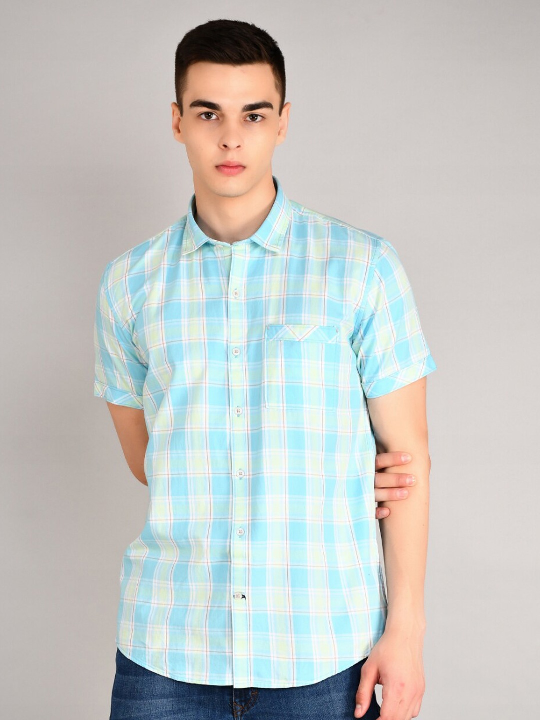 

TIM PARIS Standard Gingham Checked Cotton Casual Shirt, Blue
