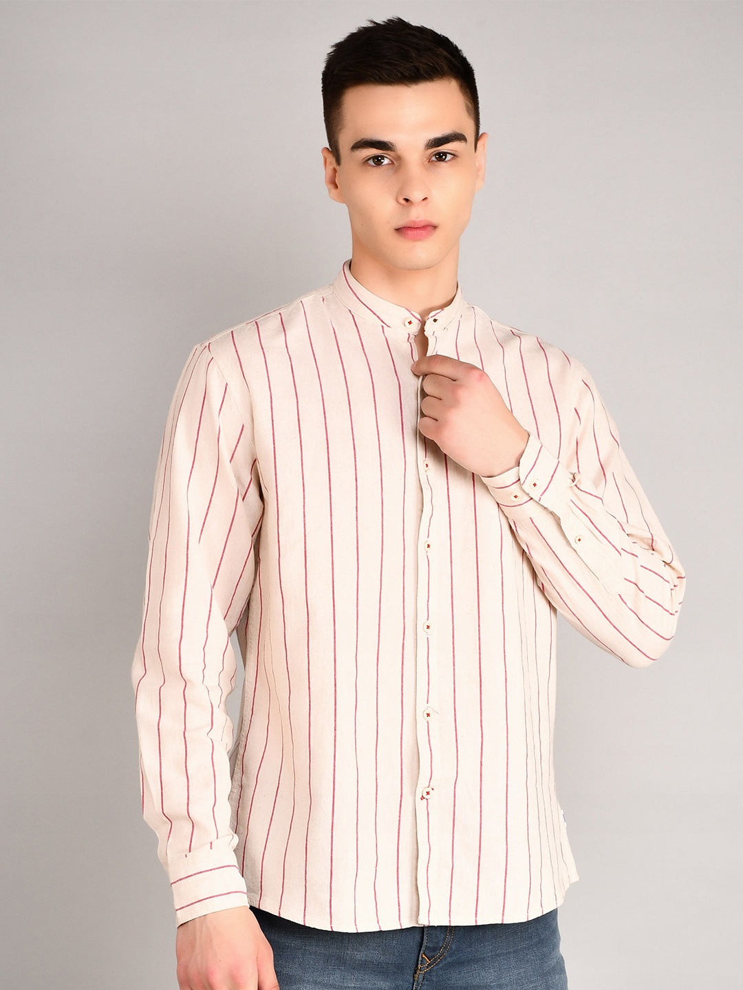 

TIM PARIS Band Collar Standard Striped Casual Pure Cotton Shirt, Beige