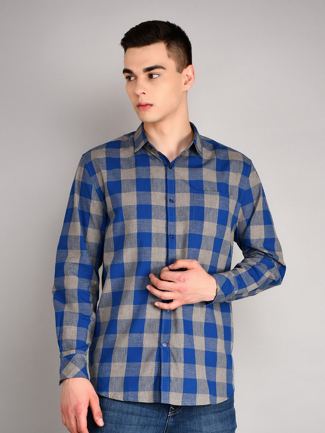 

TIM PARIS Standard Buffalo Checked Cotton Casual Shirt, Blue