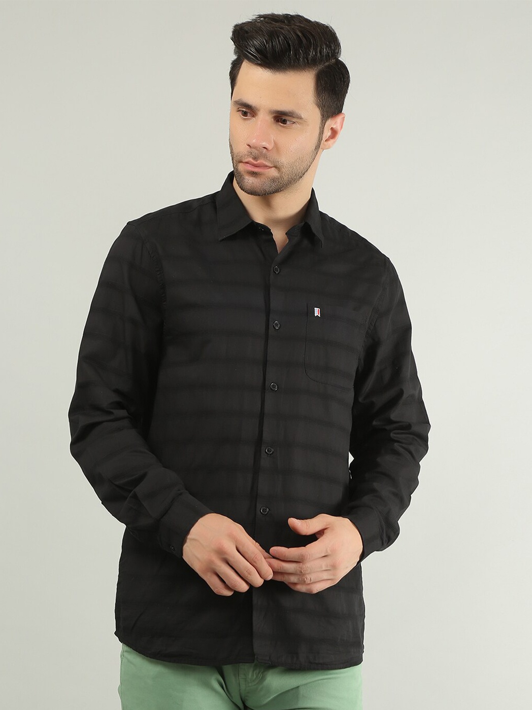 

TIM PARIS Men Striped Standard Cotton Casual Shirt, Black