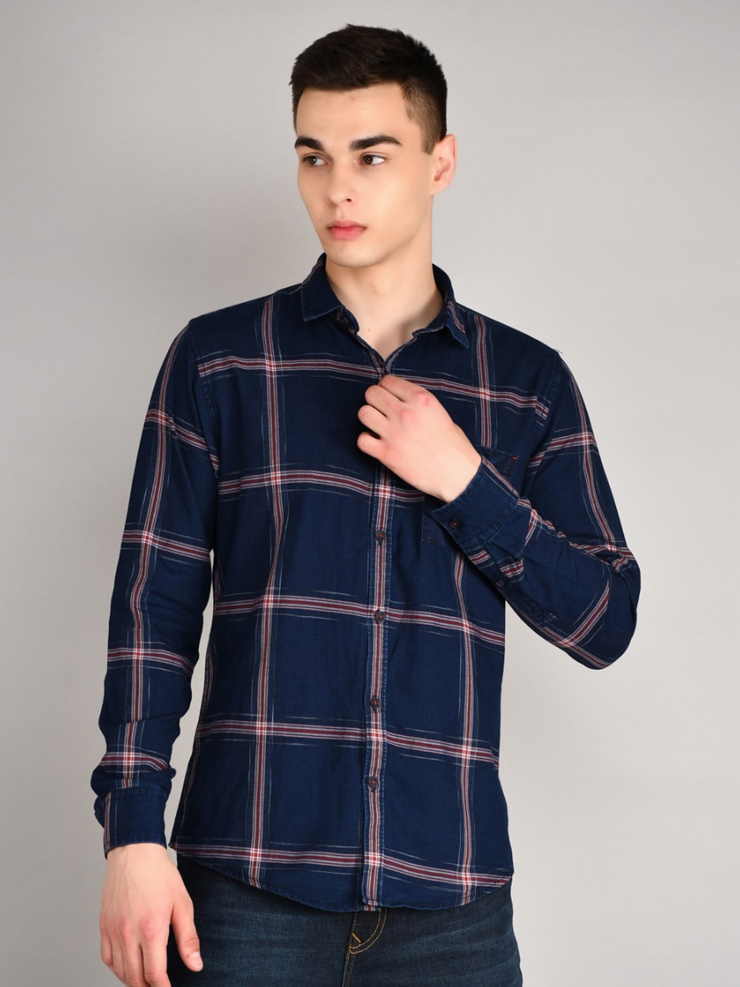 

TIM PARIS Standard Windowpane Checked Cotton Casual Shirt, Navy blue