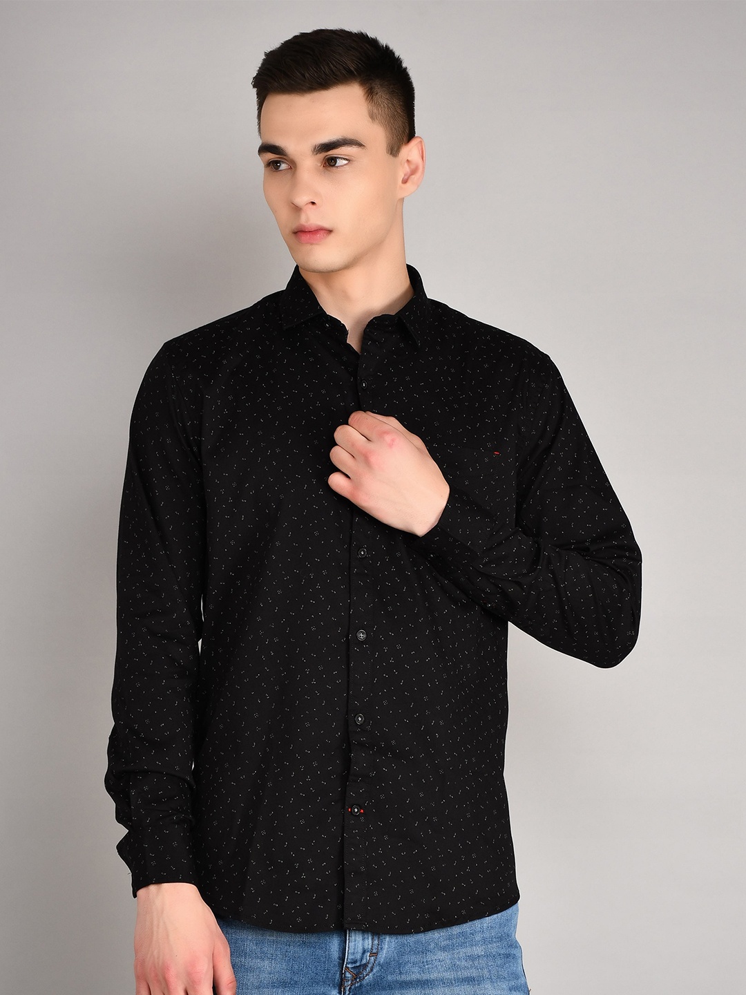 

TIM PARIS Standard Opaque Micro Ditsy Printed Cotton Casual Shirt, Black