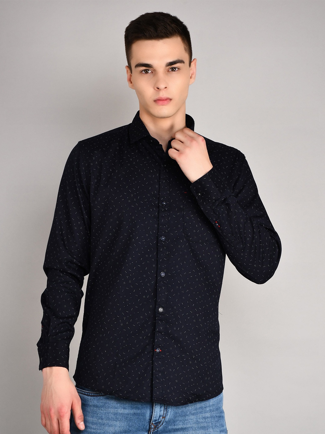 

TIM PARIS Standard Opaque Micro Ditsy Printed Cotton Casual Shirt, Navy blue