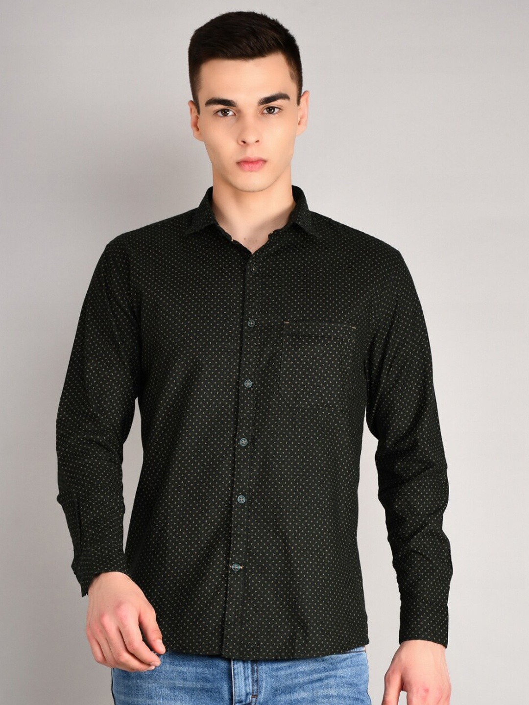 

TIM PARIS Standard Opaque Micro Ditsy Printed Cotton Casual Shirt, Olive