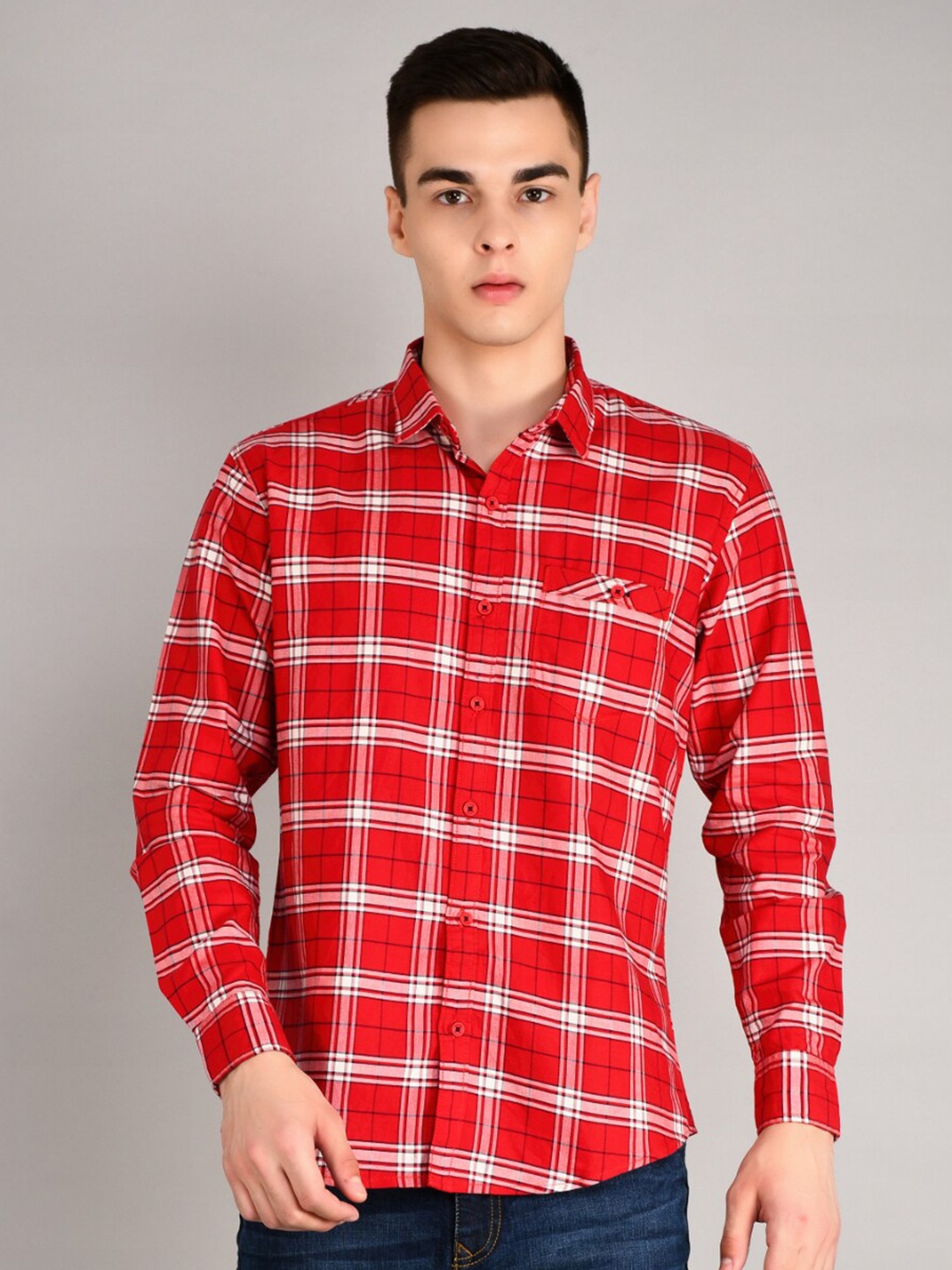 

TIM PARIS Standard Tartan Checked Cotton Casual Shirt, Red