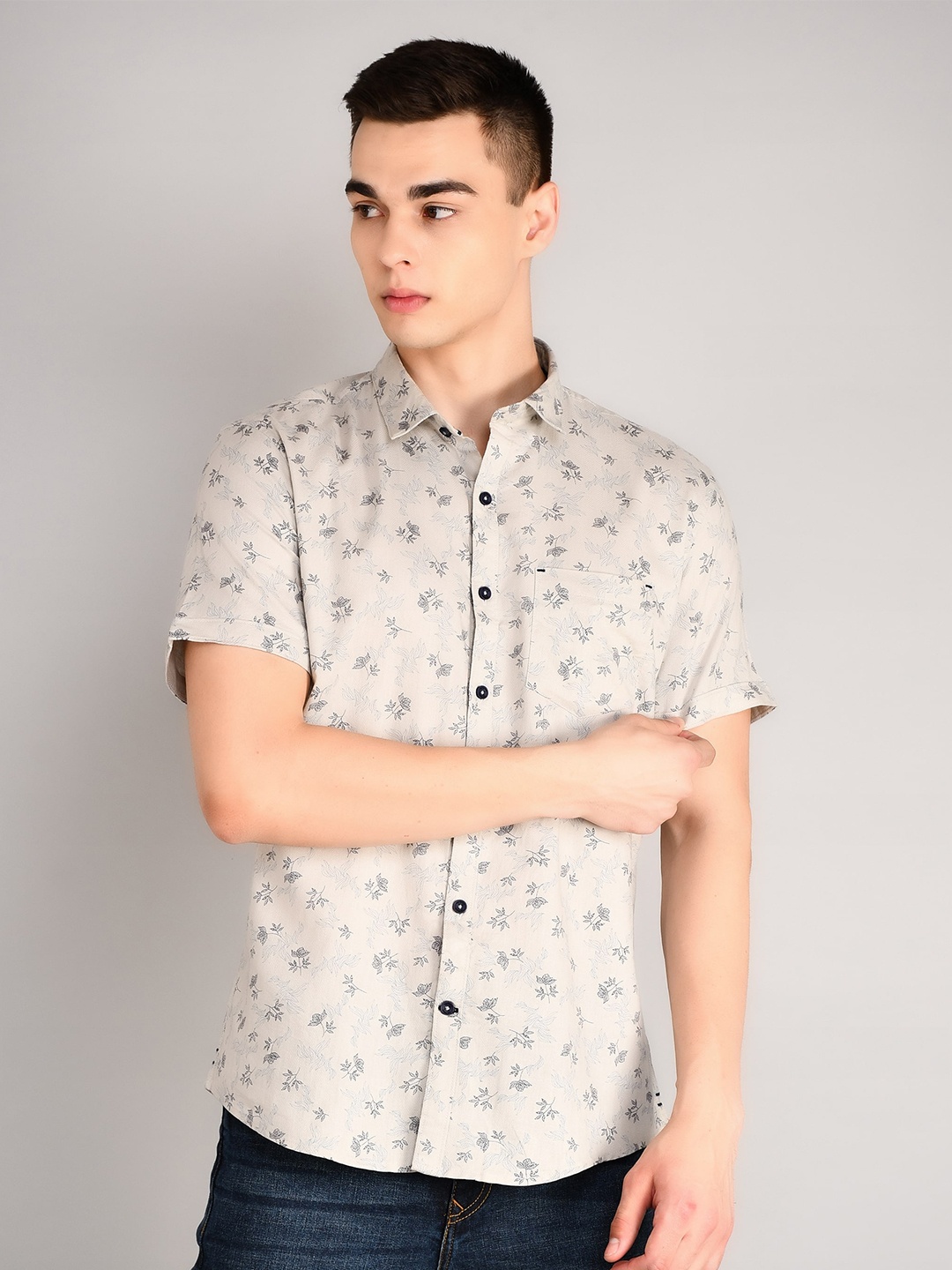 

TIM PARIS Standard Floral Printed Cotton Casual Shirt, Grey