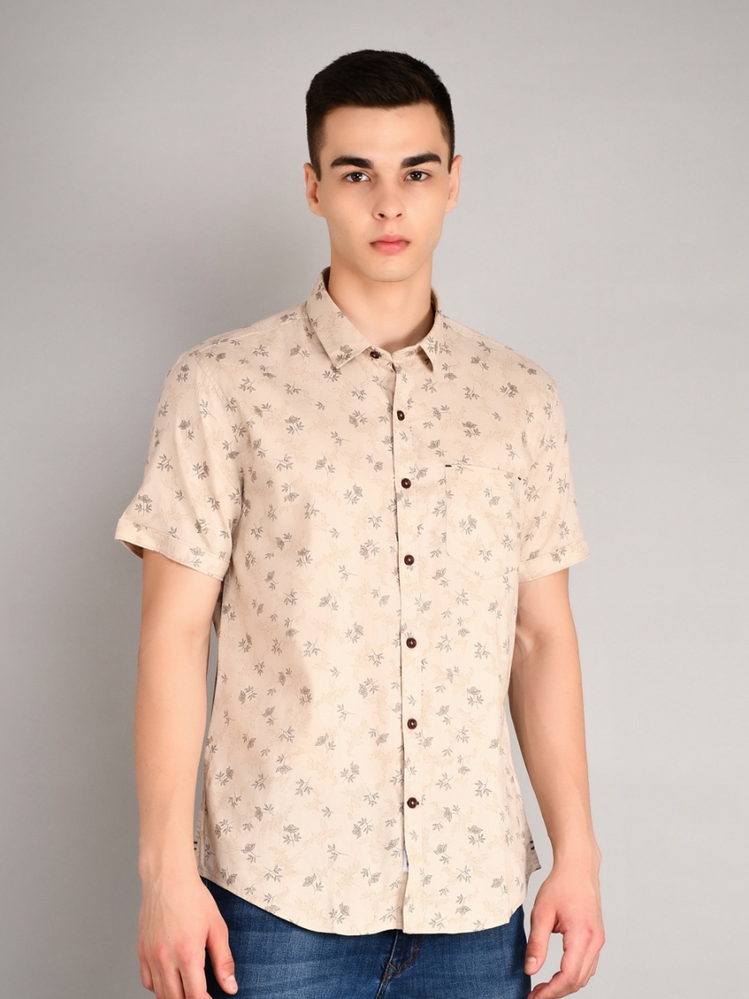 

TIM PARIS Standard Floral Printed Spread Collar Casual Pure Cotton Shirt, Brown