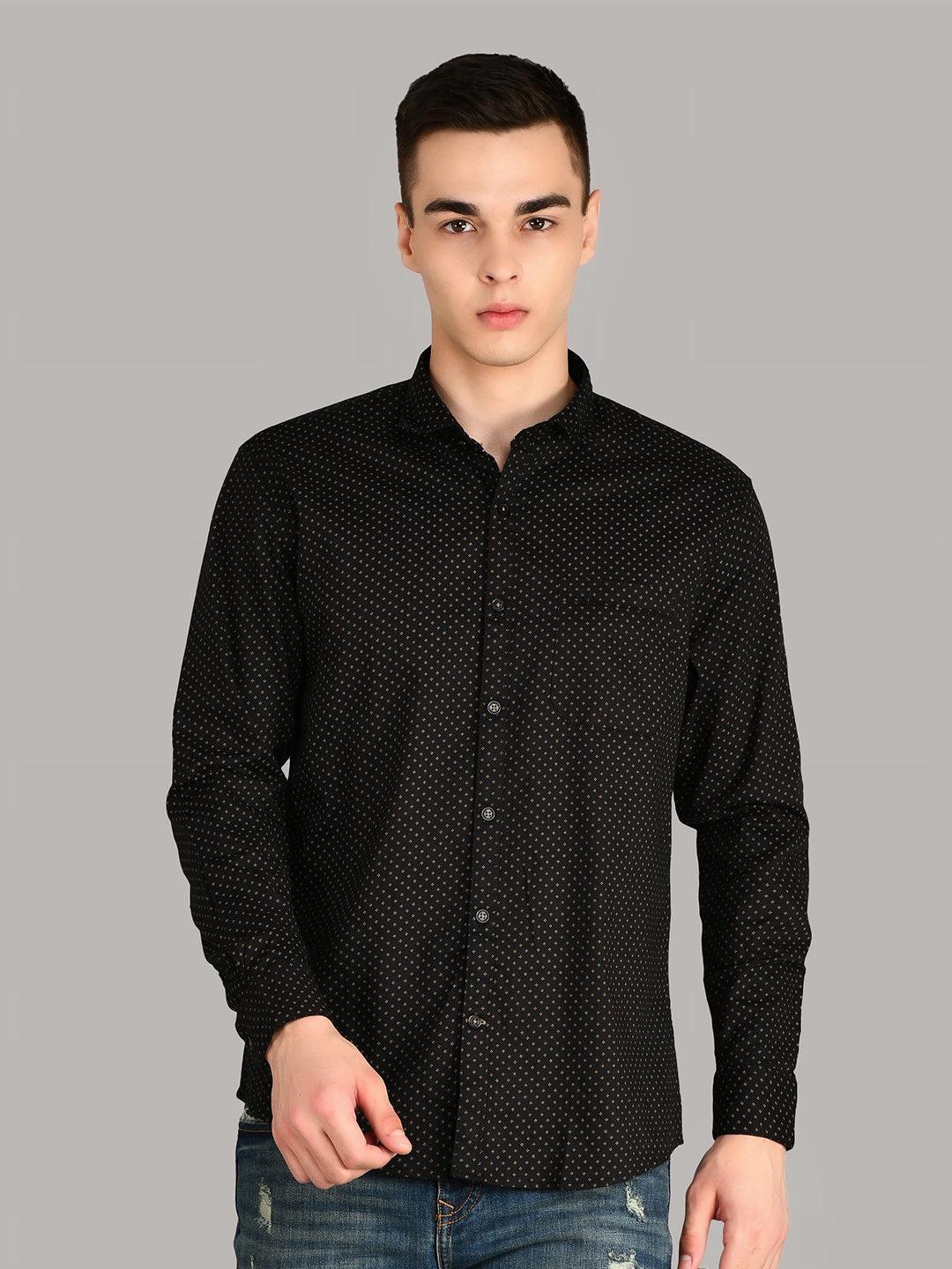 

TIM PARIS Standard Opaque Printed Pure Cotton Casual Shirt, Black