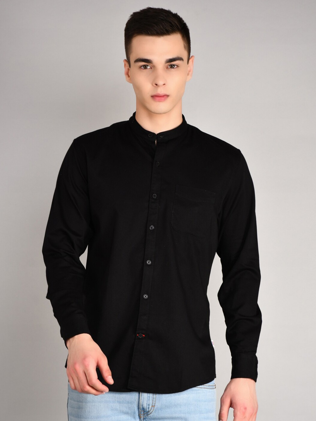 

TIM PARIS Standard Band Collar Long Sleeves Pure Cotton Casual Shirt, Black