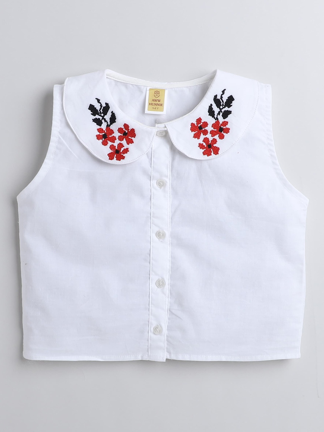 

AWW HUNNIE Girls Embroidered Shirt Style Cotton Top, White