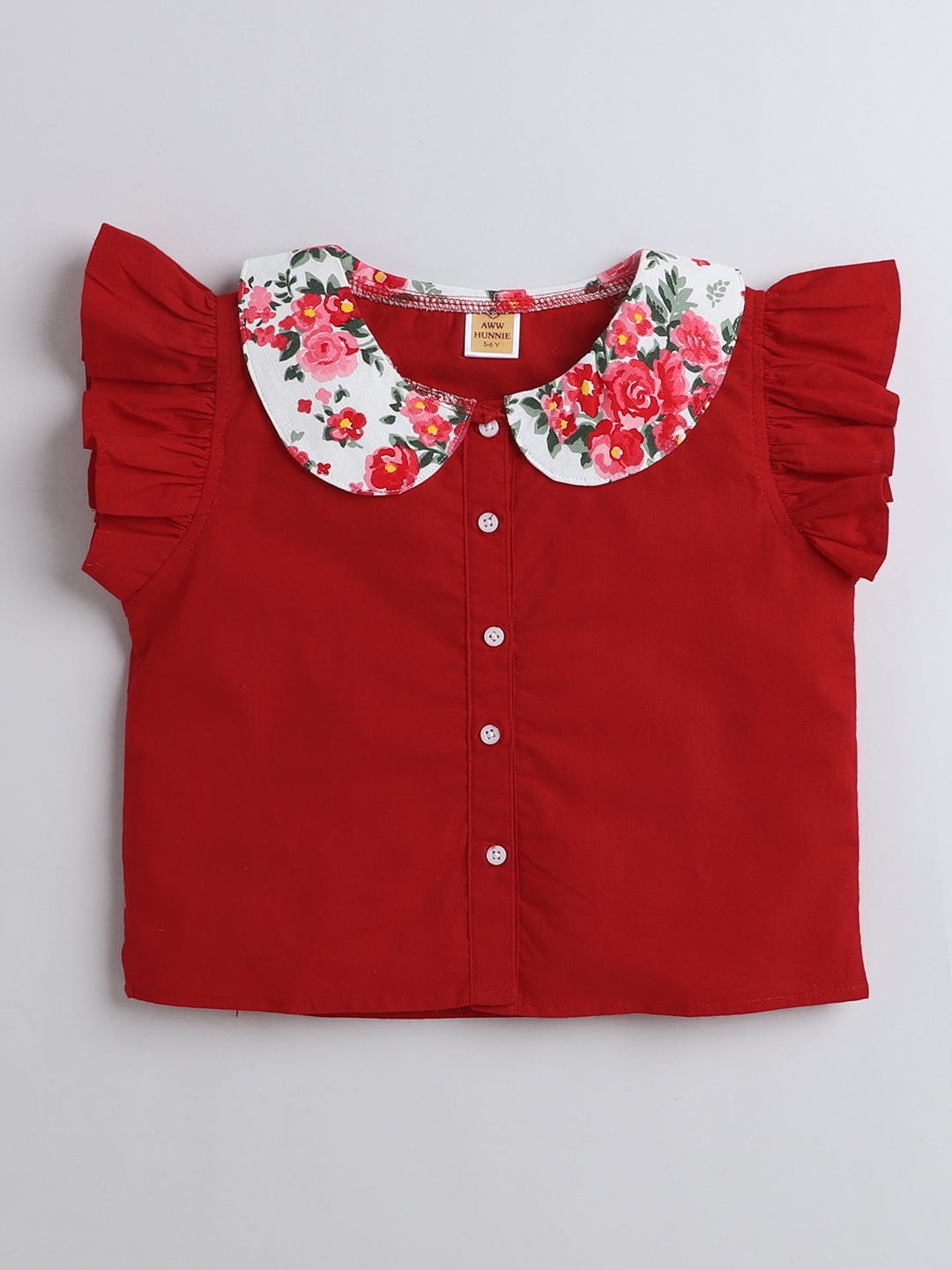 

AWW HUNNIE Girls Floral Printed Peter Pan Collar Cotton Top, Red