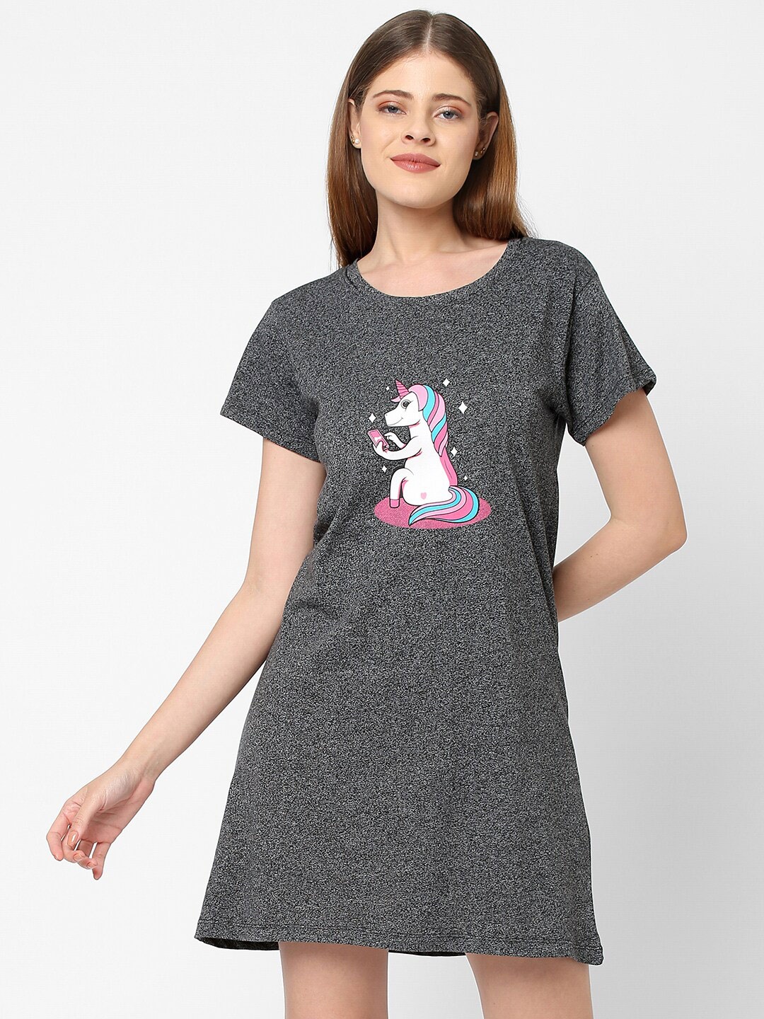 

Inner Sense Graphic Printed Pure Cotton T-shirt Nightdress, Grey