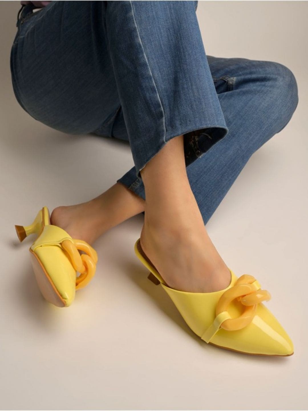 

Street Style Store Mules Kitten Heels with Western Embellished, Yellow