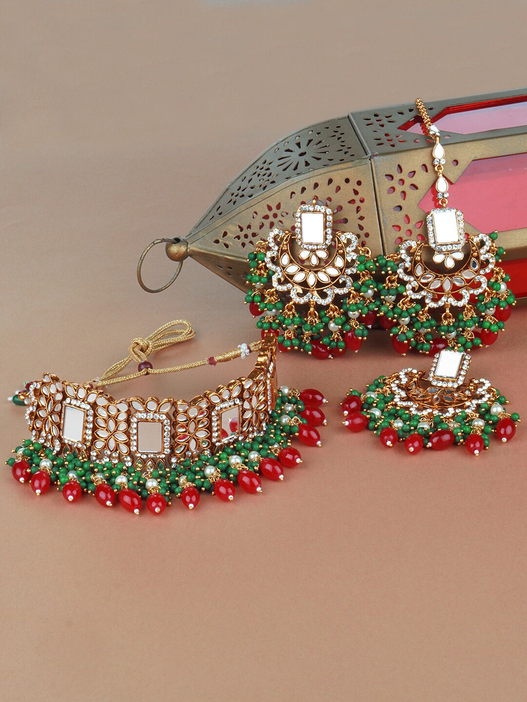 

Matushri Art Gold-Plated Mirror Necklace Set With Maang Tikka, Red