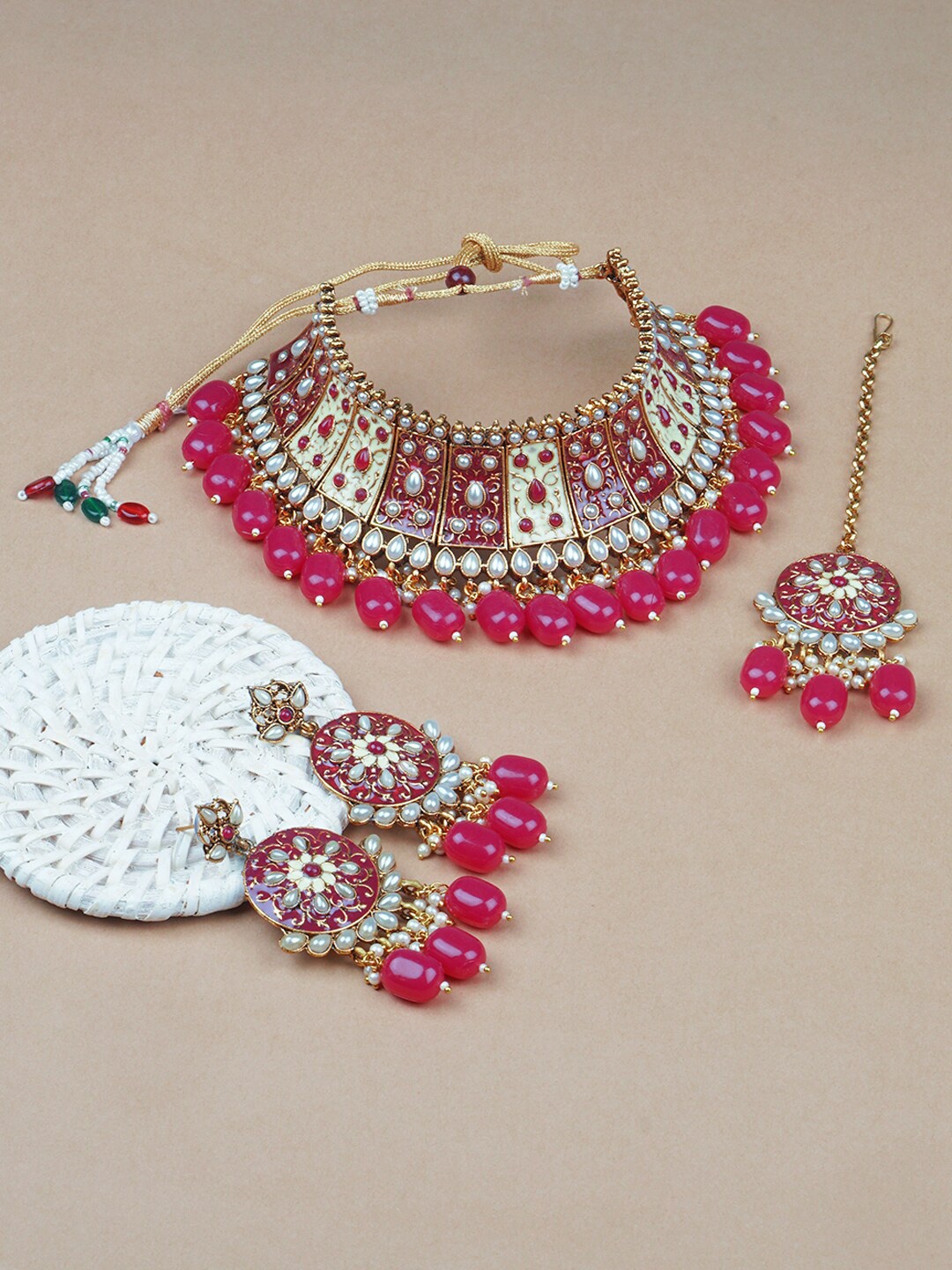 

Matushri Art Gold-Plated & Red Kundan Stuuded Choker Jewellery Set