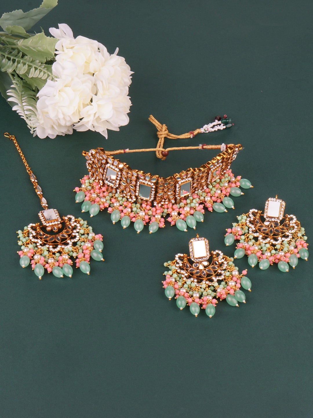 

Matushri Art Gold-Plated Stone Studded & Beaded Jewellery Set, Pink