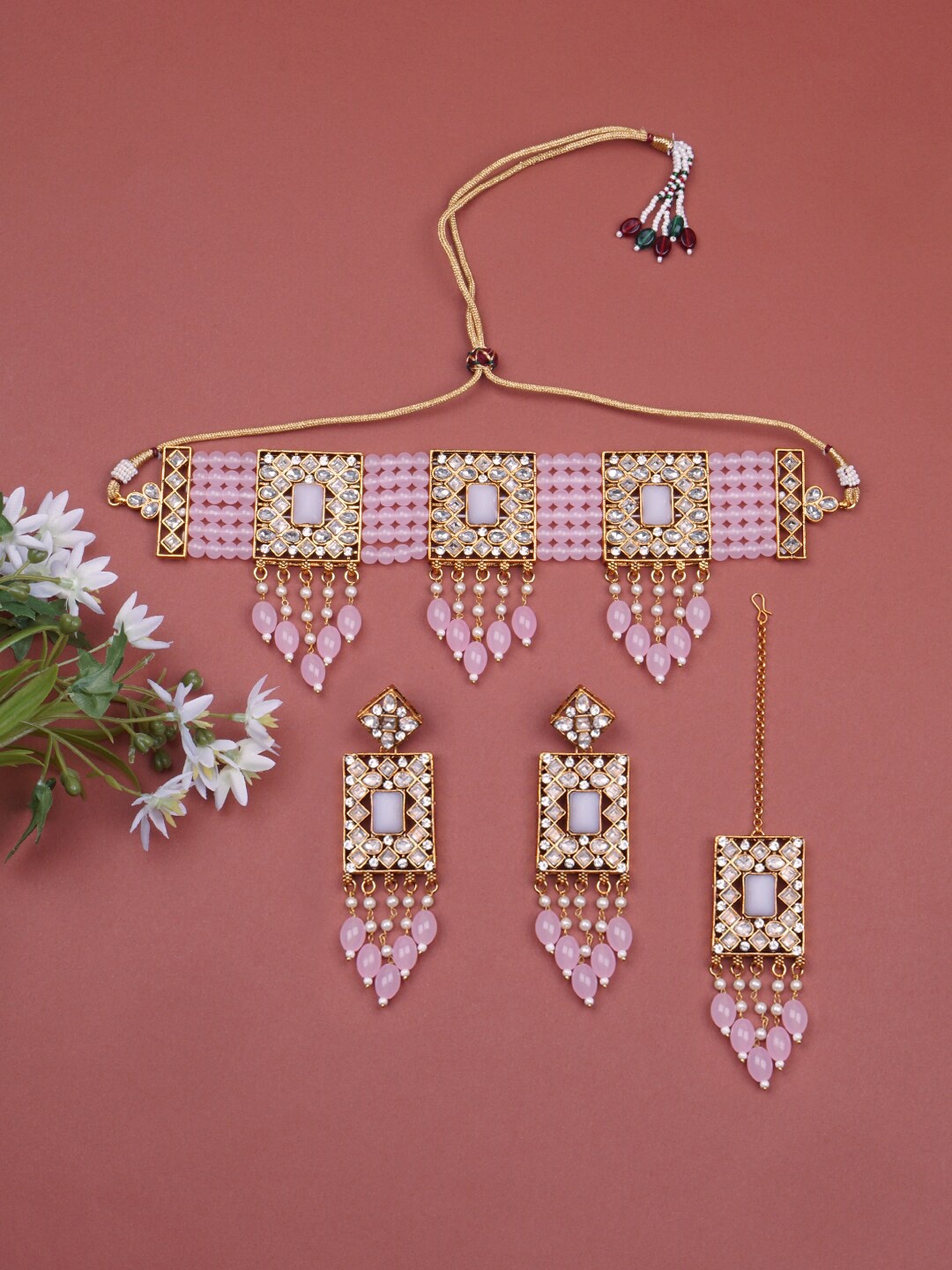 

Matushri Art Gold-Plated Artificial Stones & Beads Studded Jewellery Set