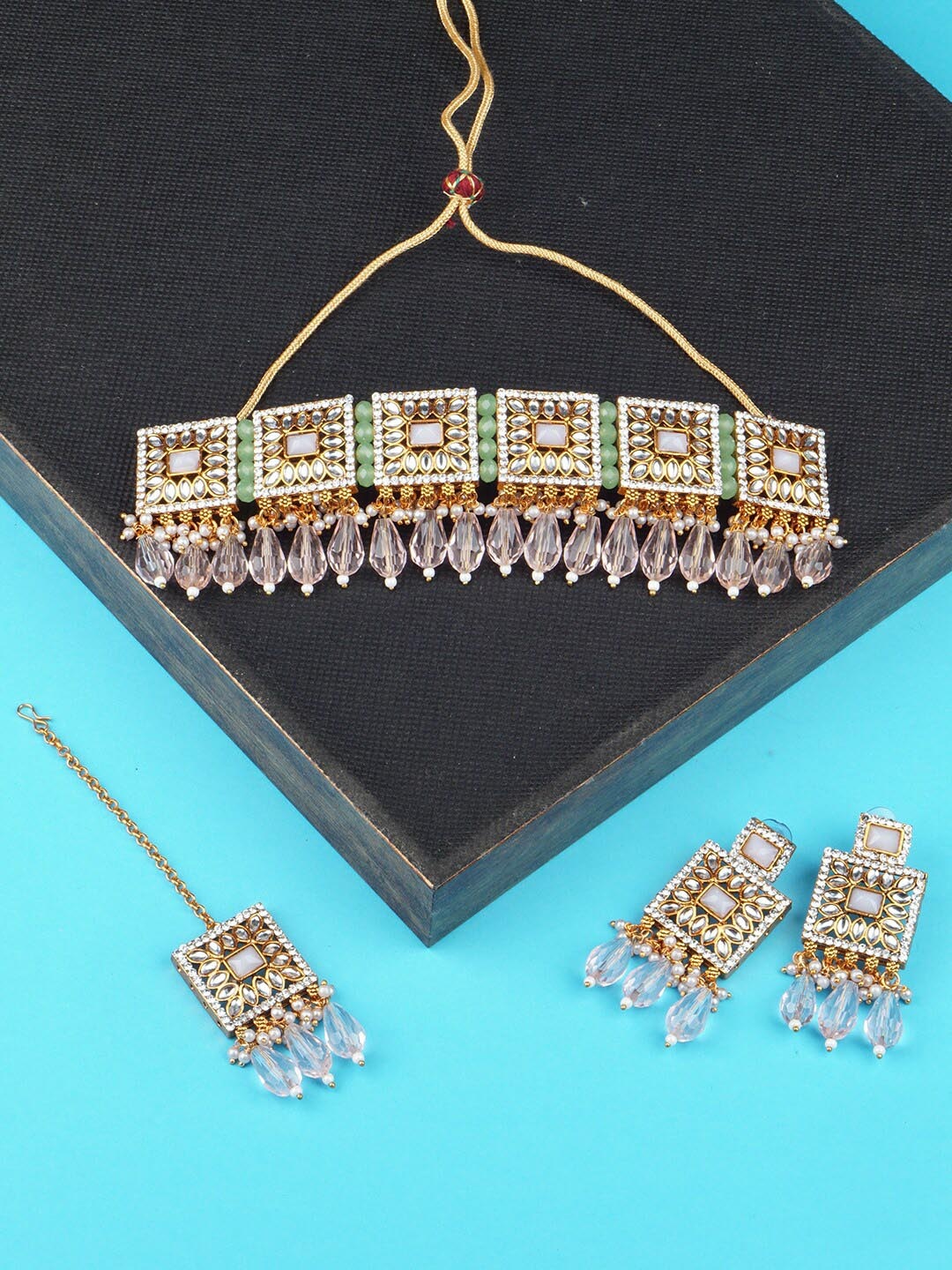 

Matushri Art Gold Plated Studded Necklace & Earring With Maang Tika