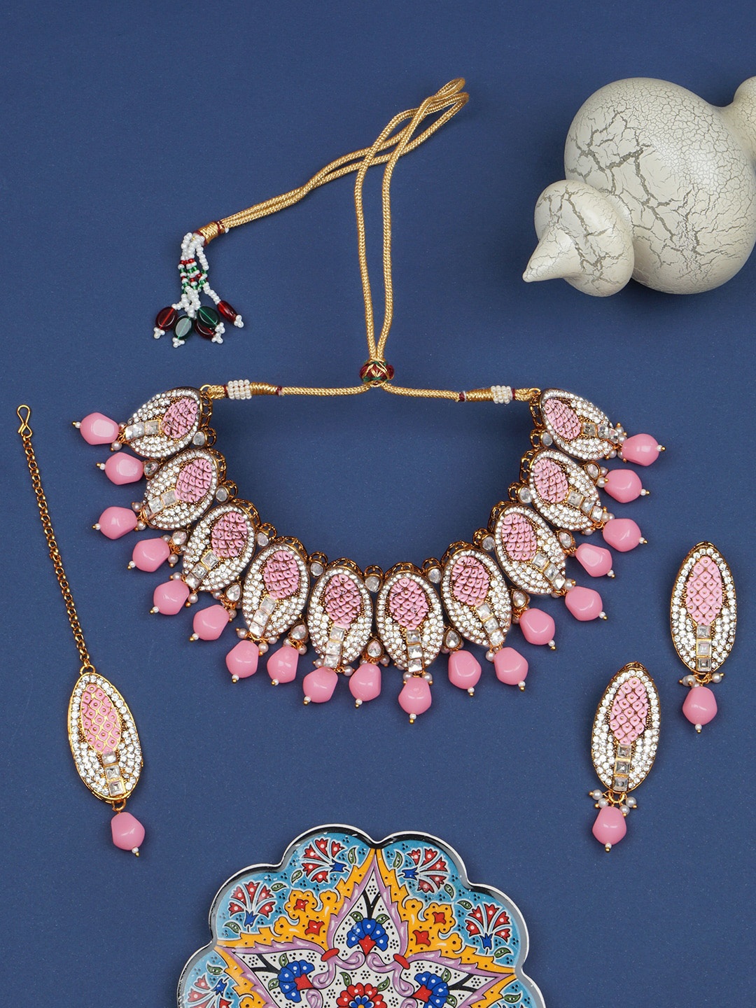 

Matushri Art Gold-Plated Kundan Studded Choker Jewellery Set, Pink
