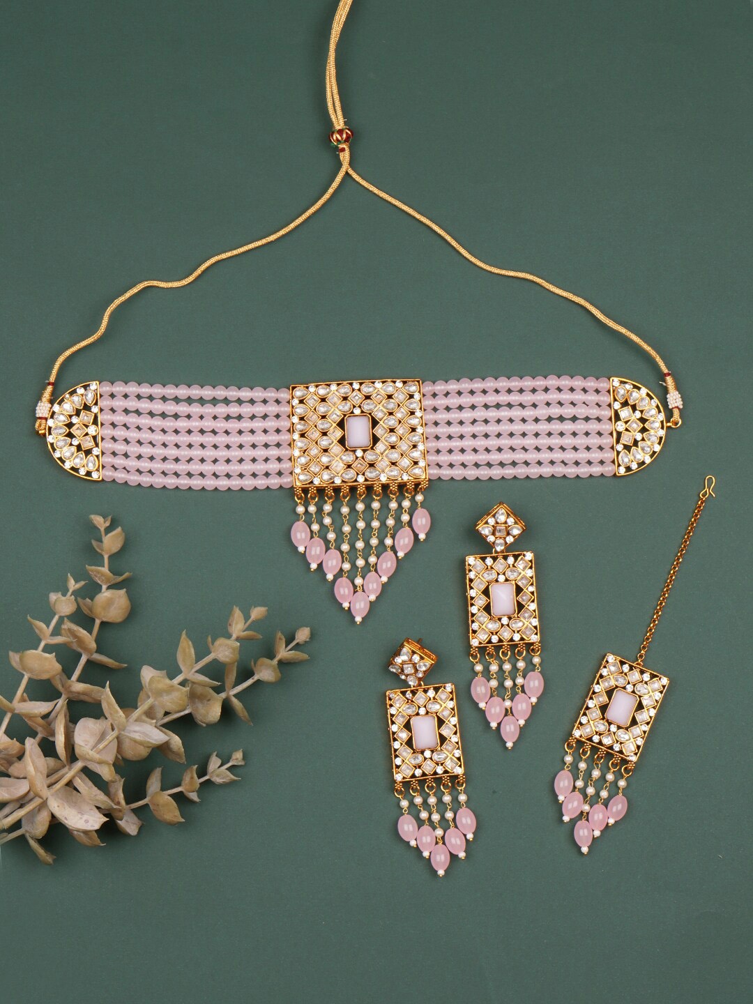 

Matushri Art Gold-Plated Stone Studded & Beaded Choker Jewellery Set