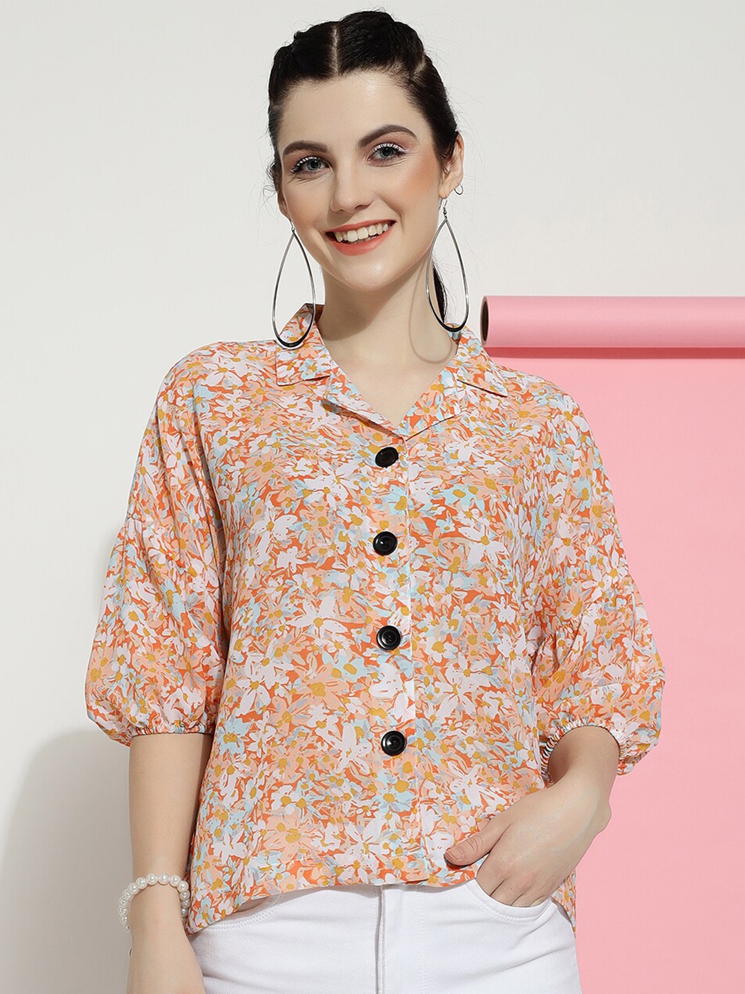 

J Turritopsis Classic Floral Printed Casual Shirt, Orange