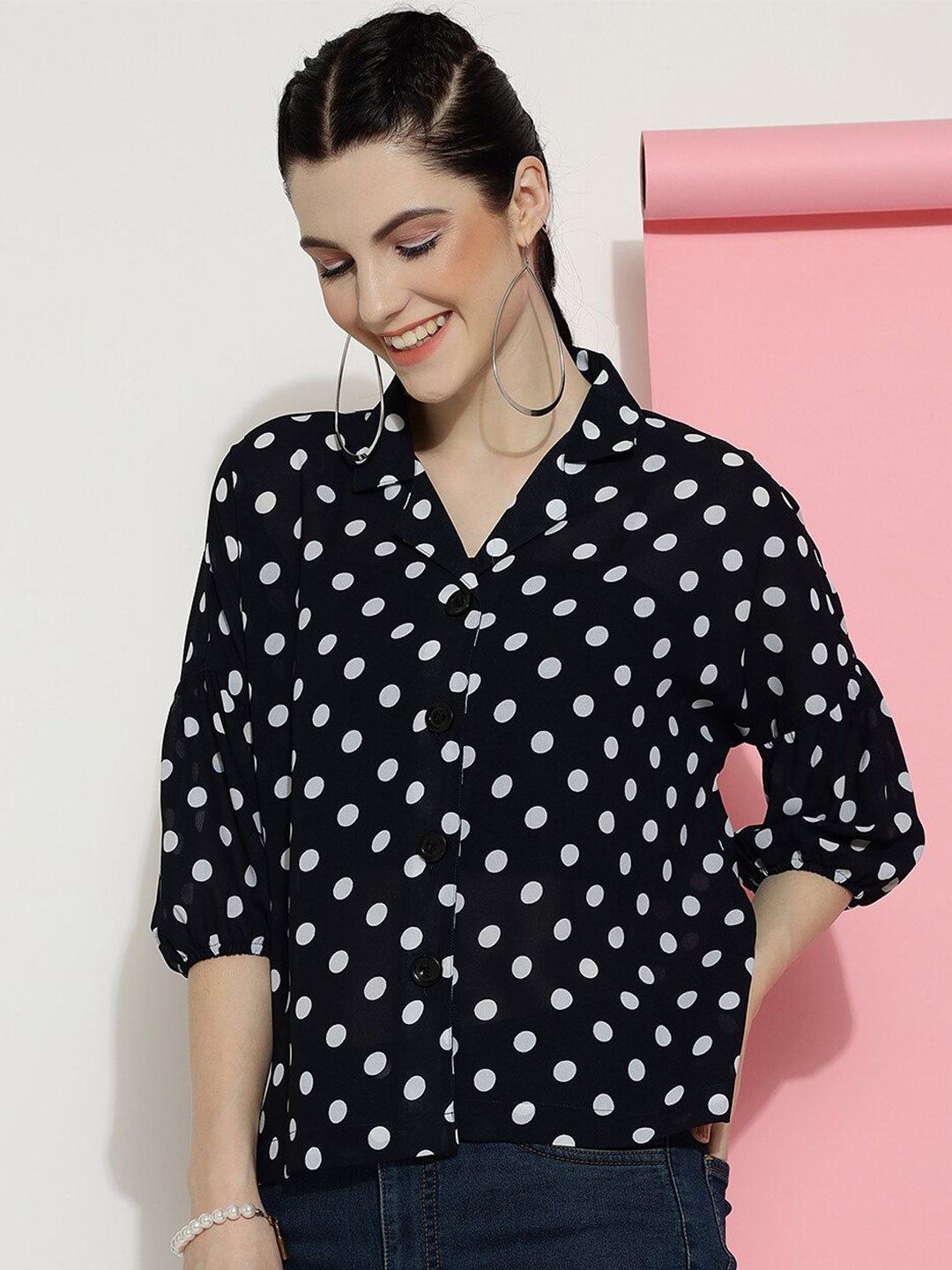 

J Turritopsis Classic Polka Dot Printed Casual Shirt, Navy blue