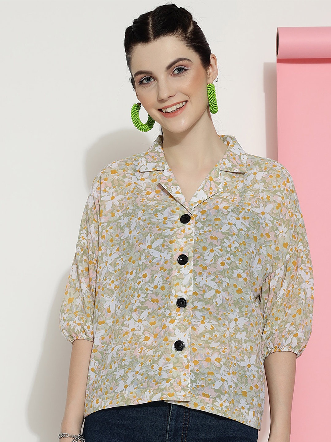 

J Turritopsis Classic Floral Printed Drop-Shoulder Sleeves Casual Shirt, Green