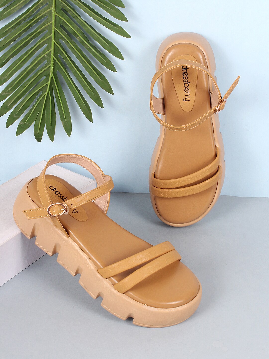 

DressBerry Beige Textured Open Toe Flatform Heels With Buckles