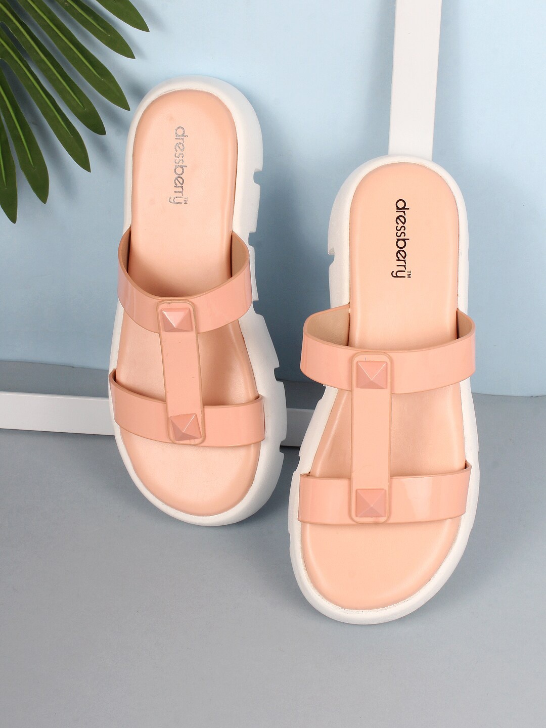 

DressBerry Peach-Coloured Studded Open Toe Flatform Heels