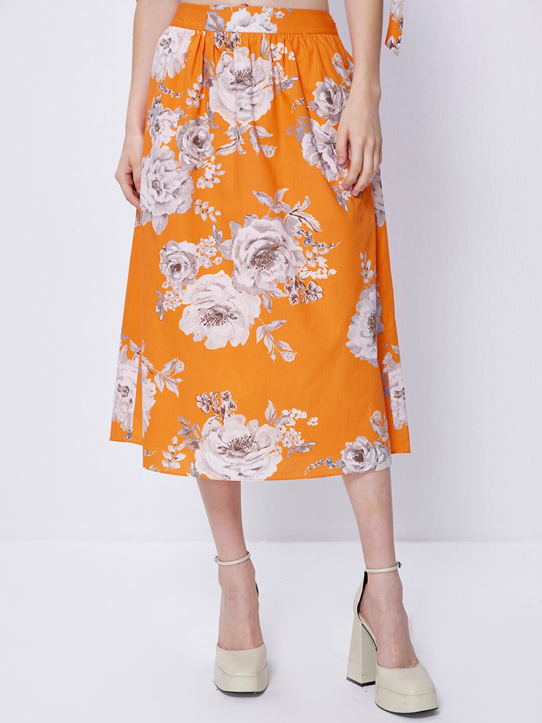 

COVER STORY Orange Floral Printed Pure Cotton Flared Midi Skirt