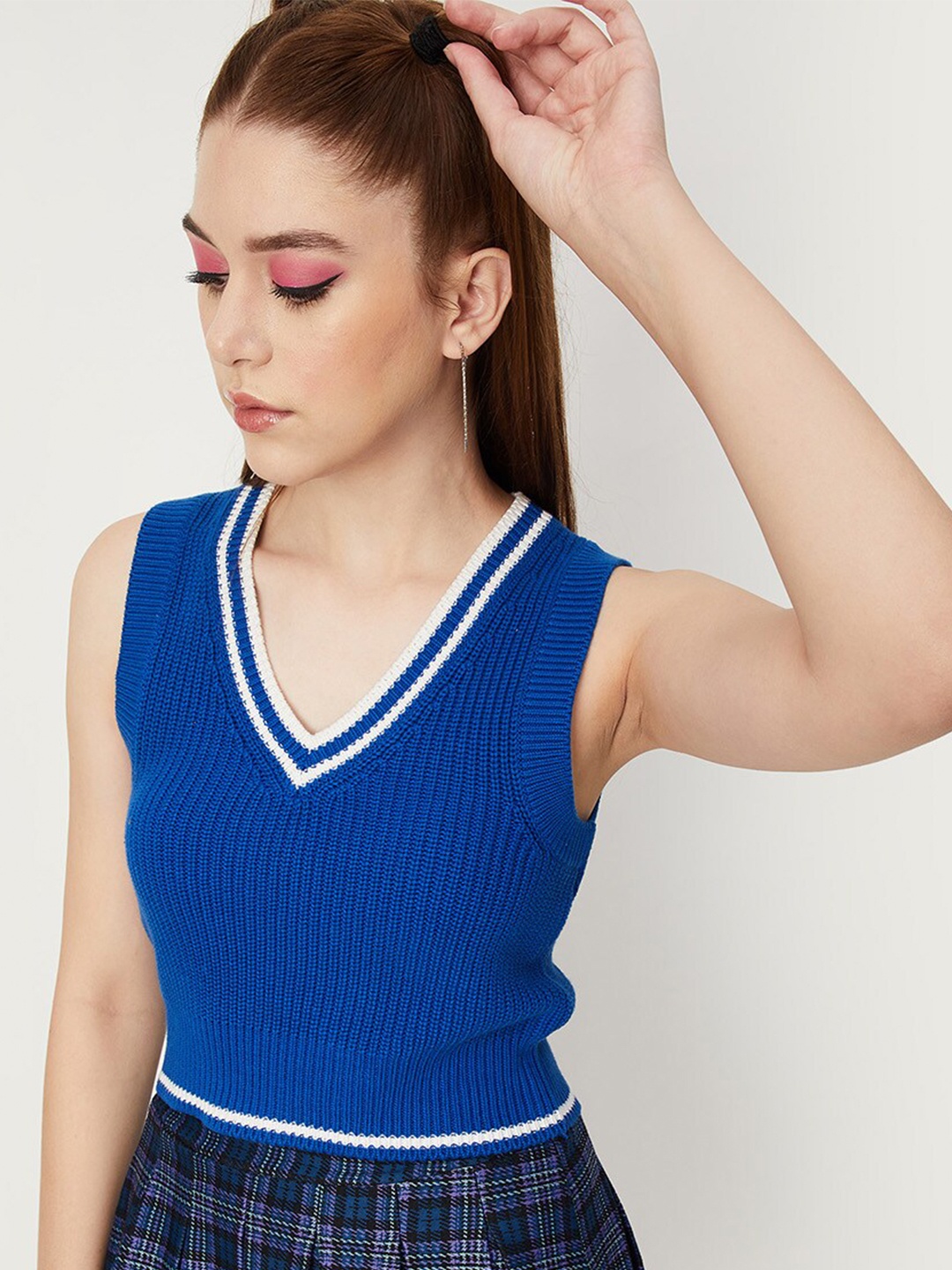 

max Ribbed Sleeveless Pure Cotton Crop Sweater Vest, Blue