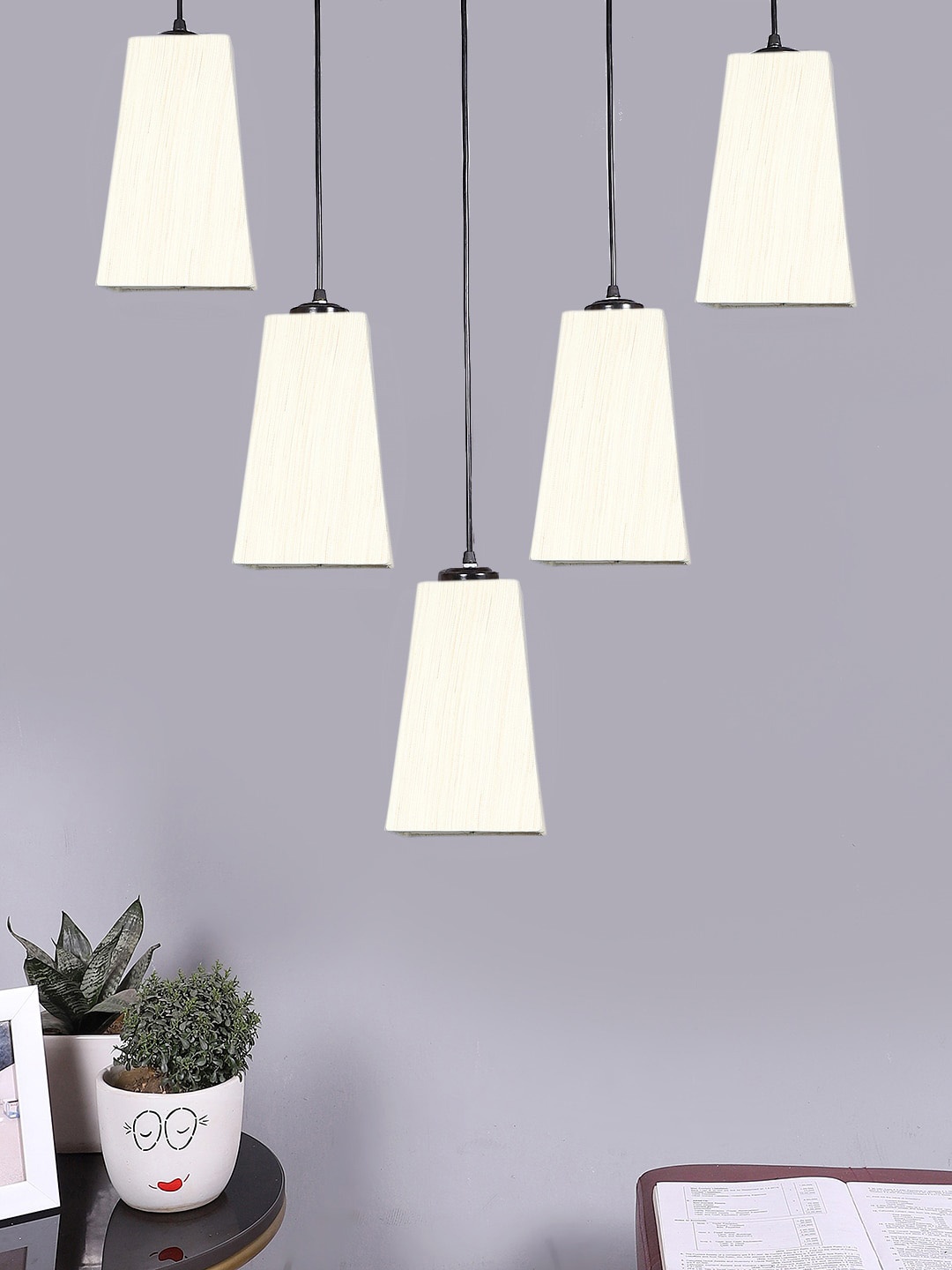 

Devansh White Cotton Pyramid Quintuple Hanging Lamp