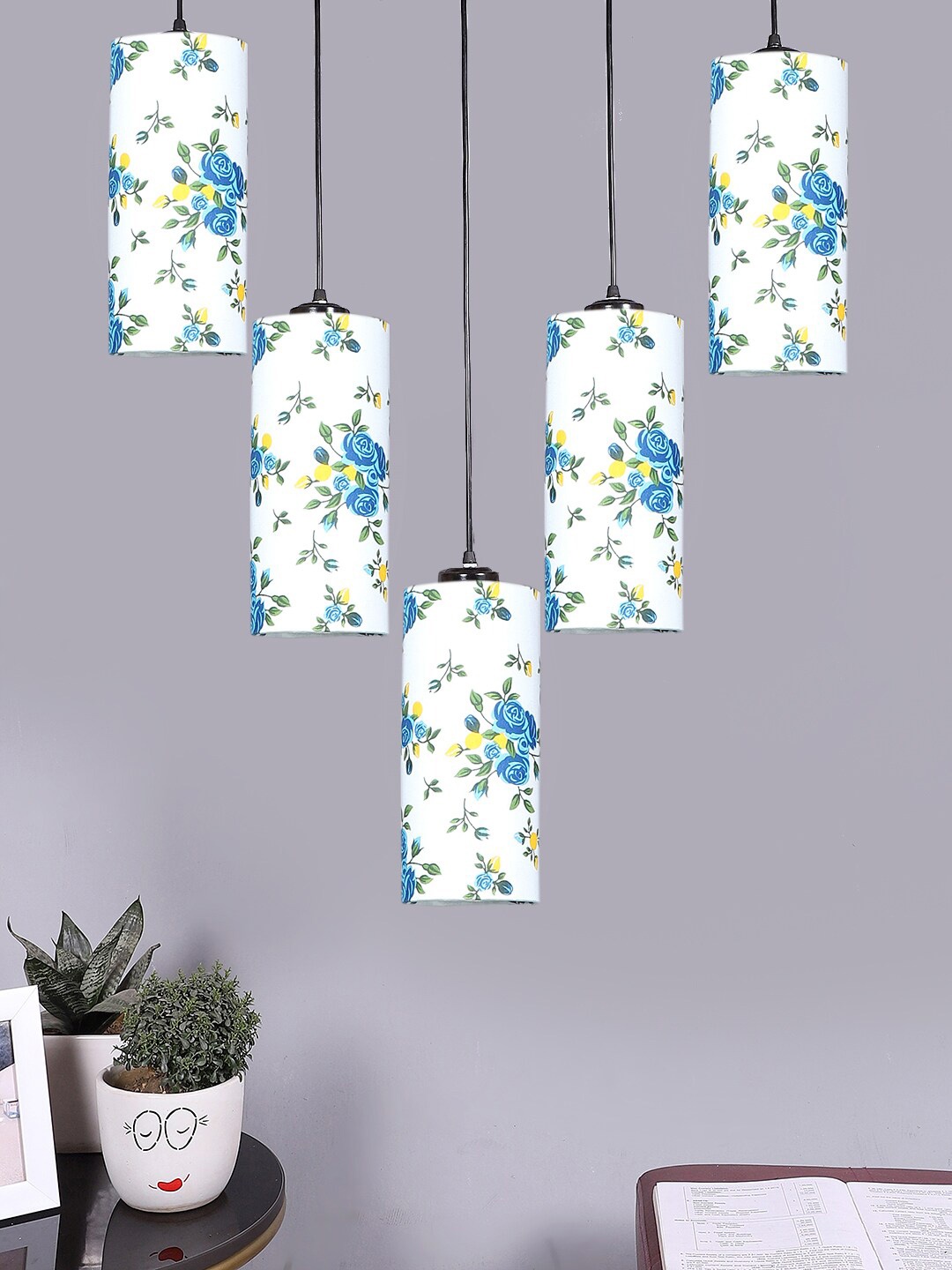 

Devansh White & Blue Floral Printed Cylindrical Quintuple Cluster Hanging Lamps