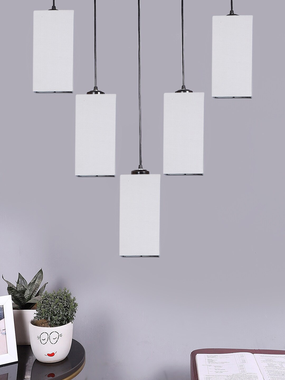 

Devansh Grey & Black Cotton Rectangle Quintuple Hanging Lamp