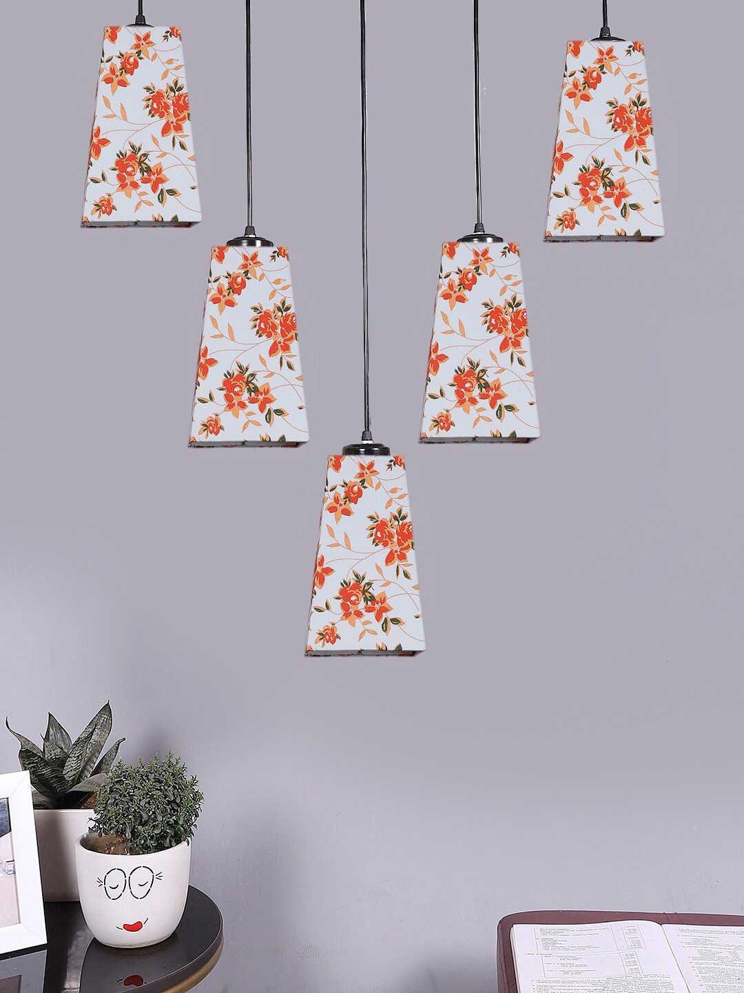 

Devansh White & Red Cotton Pyramid Quintuple Hanging Lamp