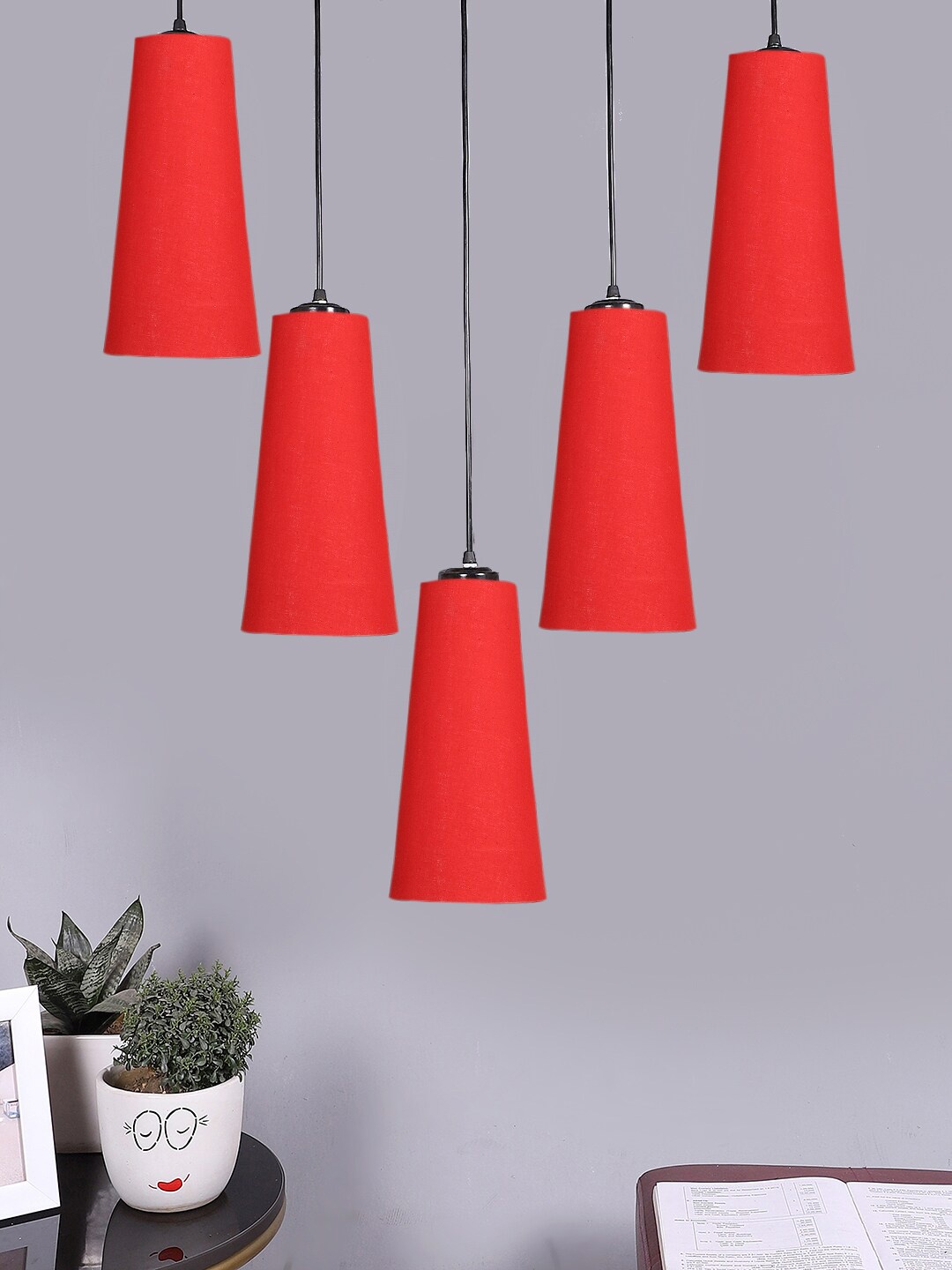 

Devansh Red Cotton Conical Quintuple Hanging Lamp