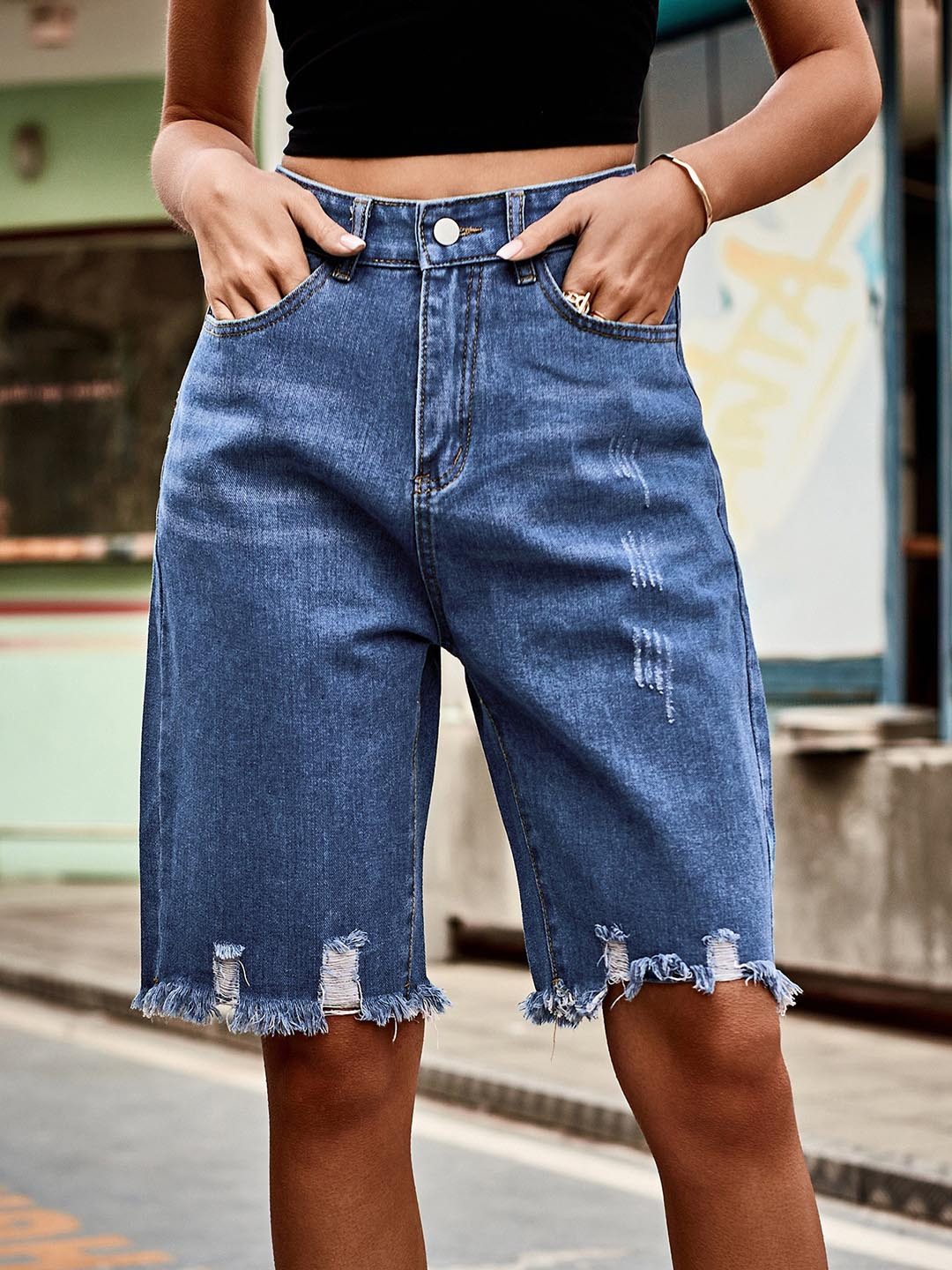 

BoStreet Blue Distressed Washed Denim Shorts