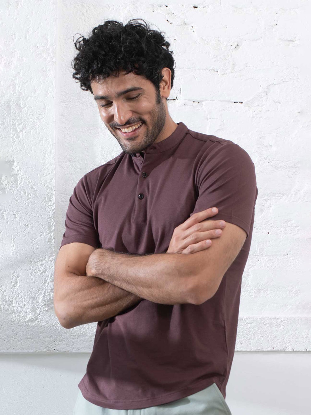 

Beyours Mandarin Collar Short Sleeve T-Shirt, Brown