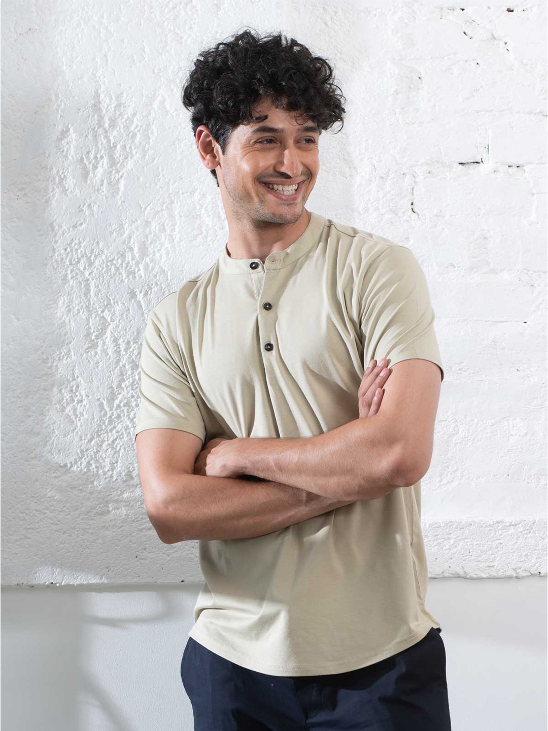 

Beyours Mandarin Collar Short Sleeve T-Shirt, Beige