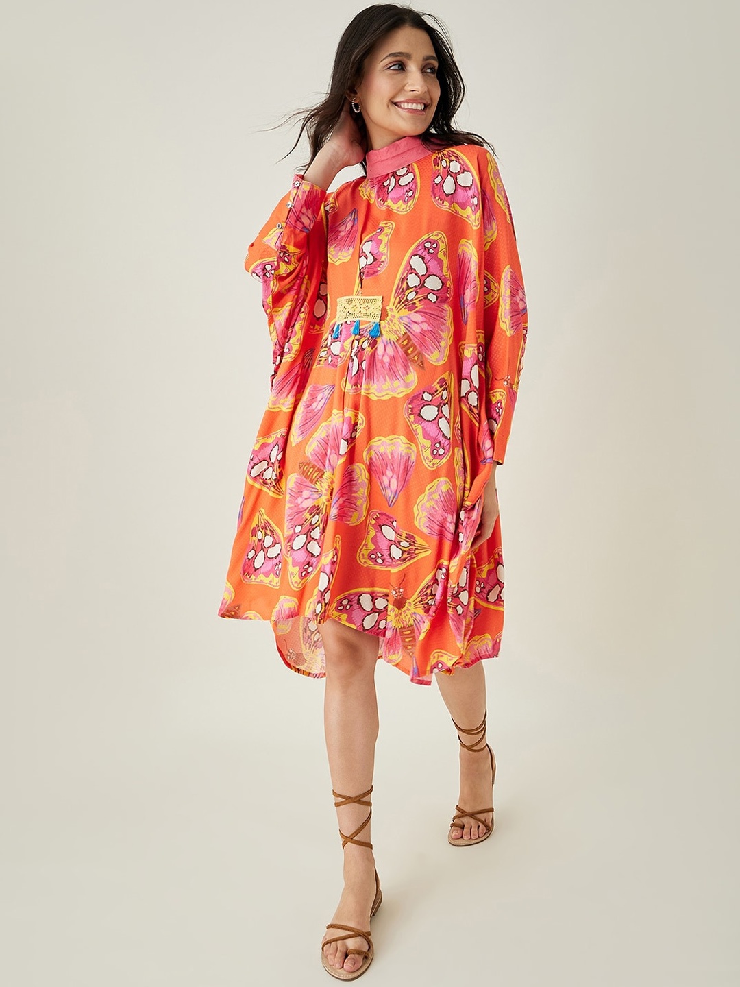 

The Kaftan Company Pink Printed High Neck Kaftan Dress, Orange