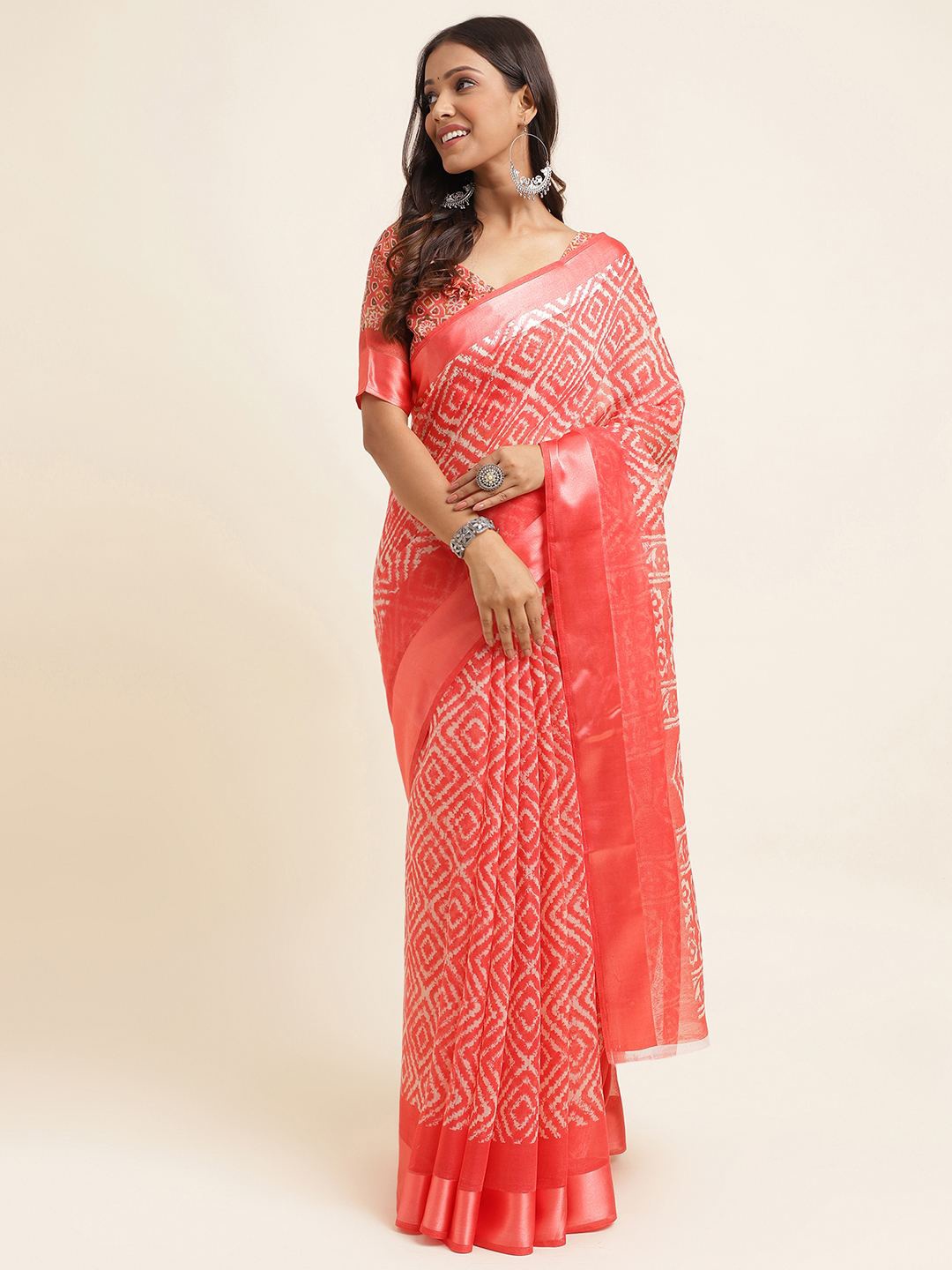 

KALINI Bandhani Printed Zari Silk Cotton Saree, Peach