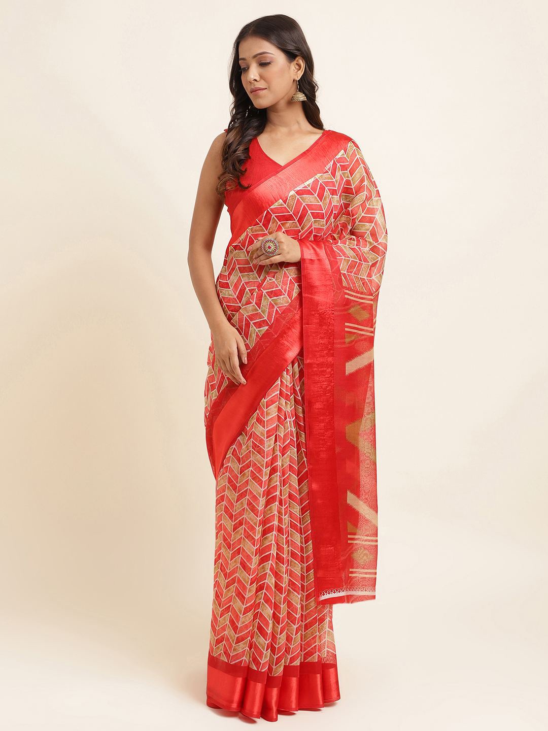 KALINI Geometric Printed Silk Cotton Saree, Red