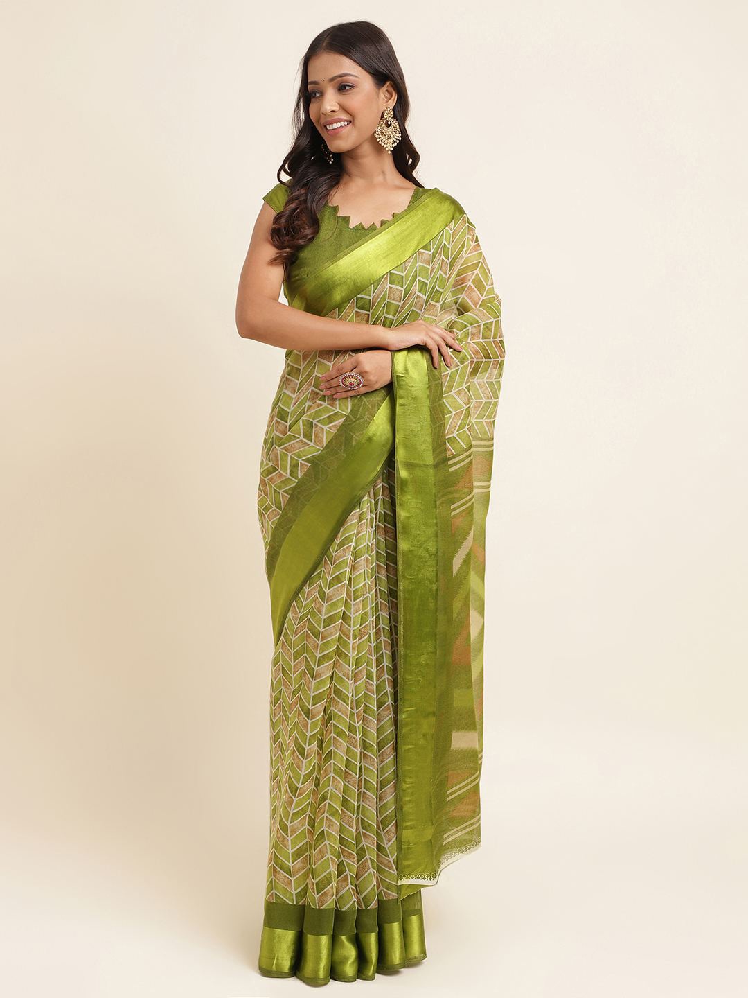 

KALINI Geometric Printed Silk Cotton Saree, Green