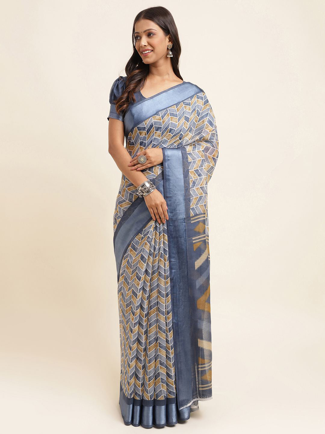 

KALINI Printed Zari Silk Cotton Saree, Grey