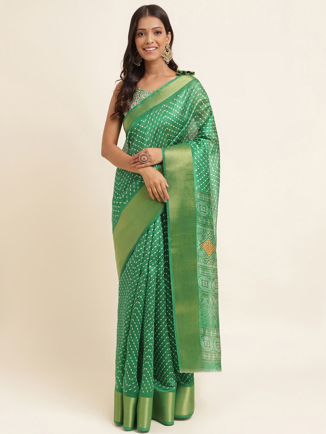 

KALINI Abstract Printed Zari Silk Cotton Saree, Green